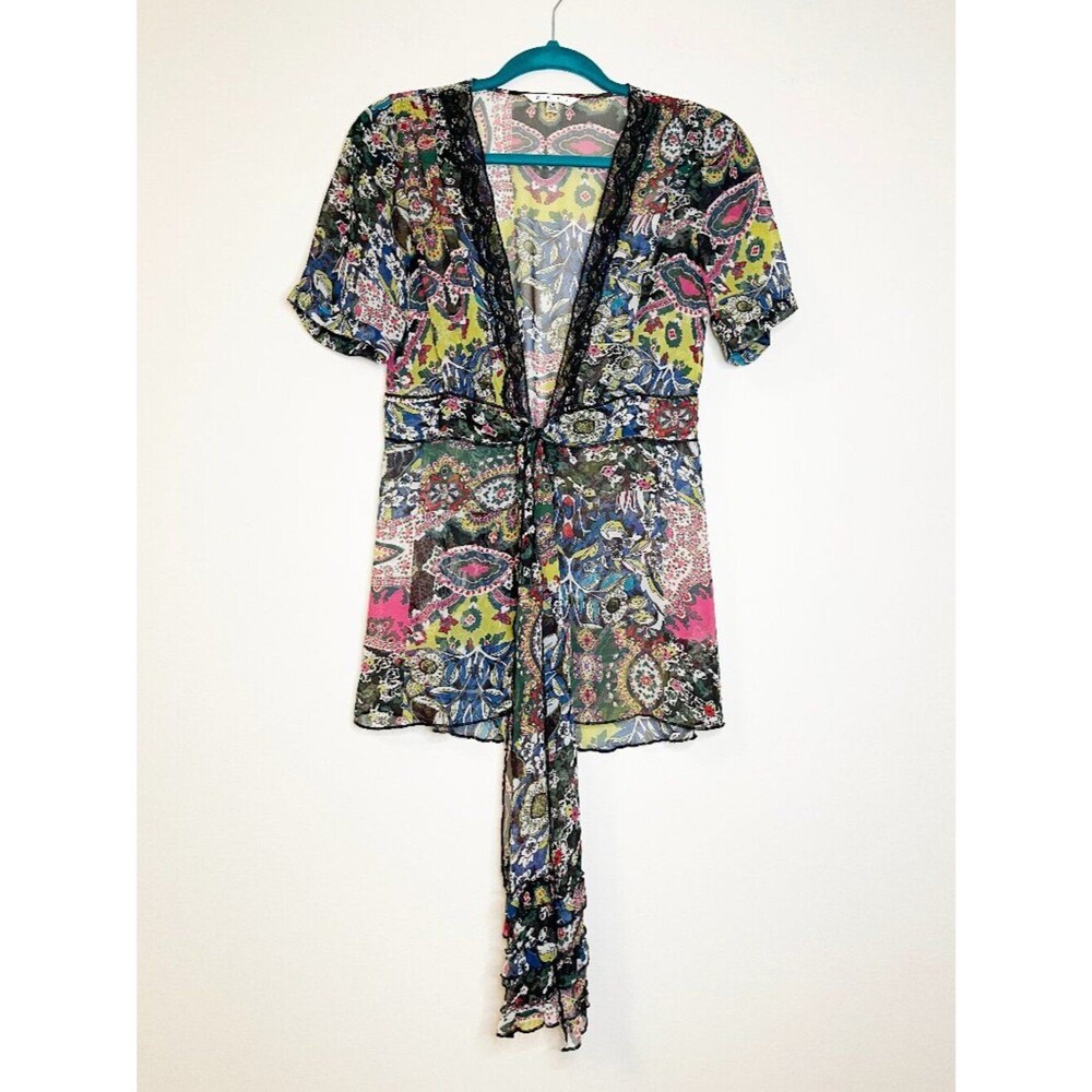 CAbi Patchwork Paisley Tie Front Kimono #543 Cardigan Boho Sheer Top Size S
